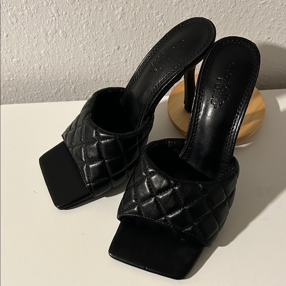 Quilted Black Square-Toe Heeled Mules